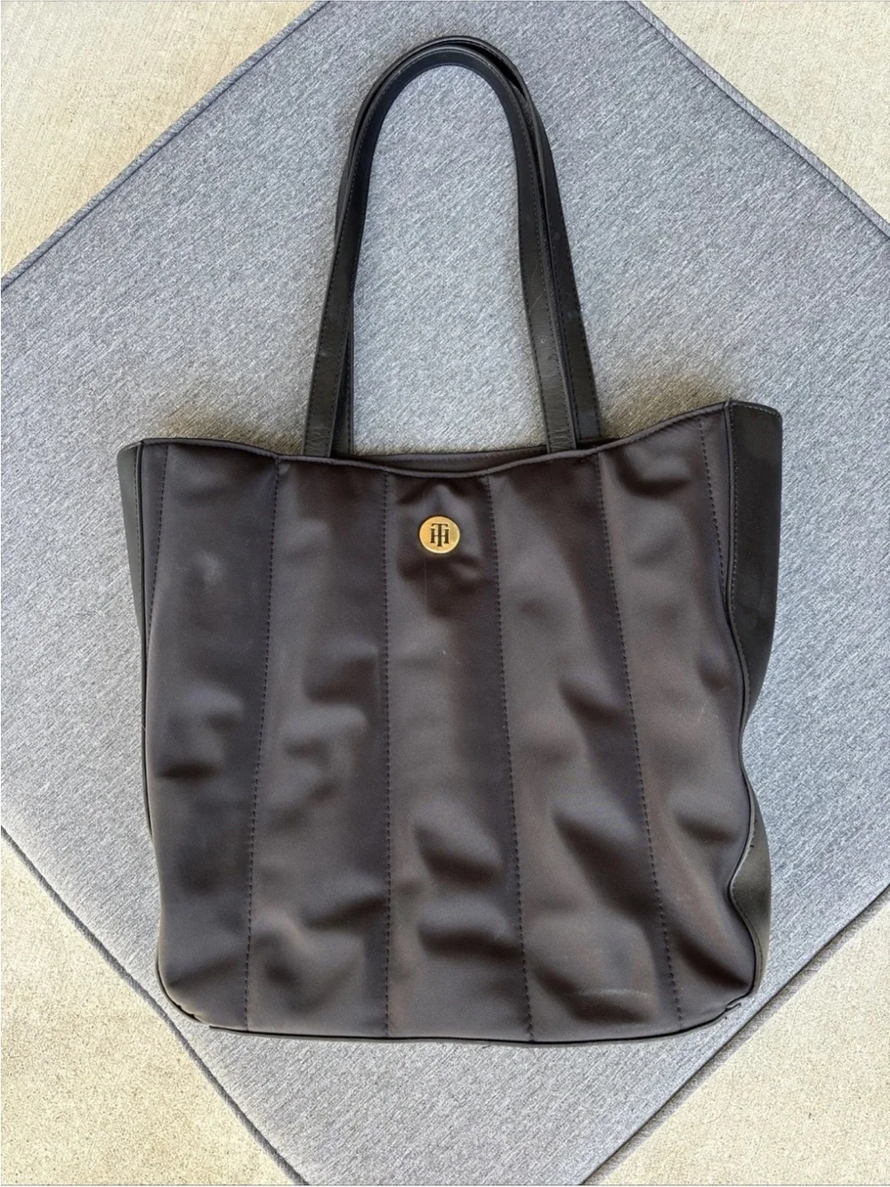 Tommy Hilfiger Double Top Handle Purse Tote Black 100% Nylon 12” X 11” X 4”